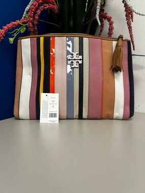 Tory Burch Multicolor Striped Leather Zip Clutch pouch